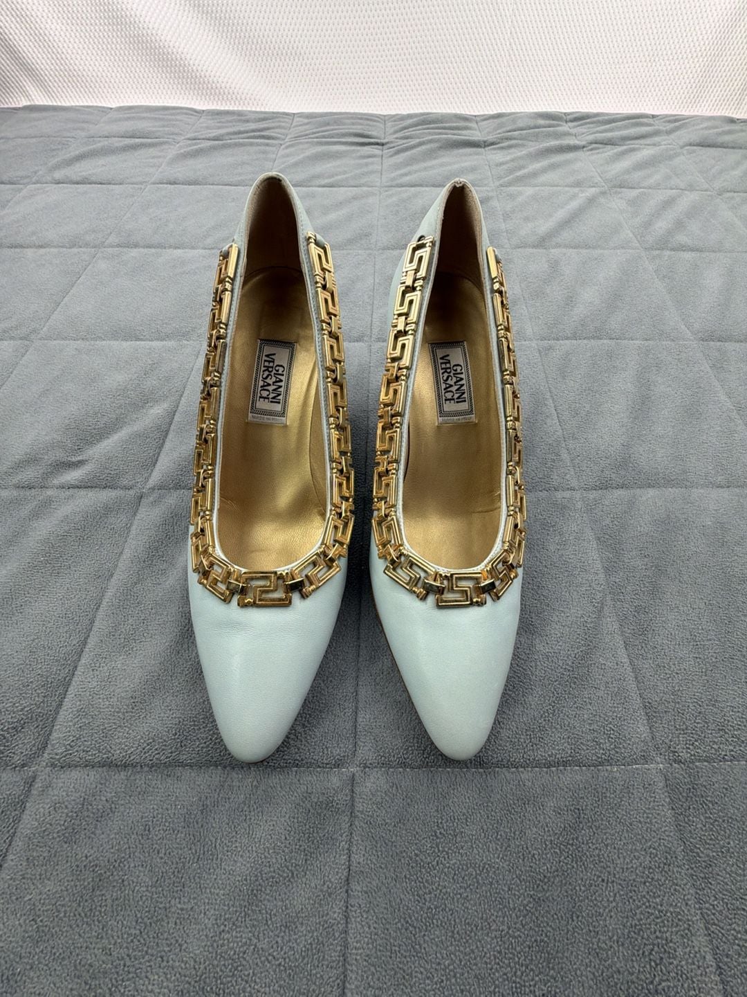 Gianni Versace Leather Gold Greek Key Accent Pumps Light Blue EU 36.5 / US 6 9