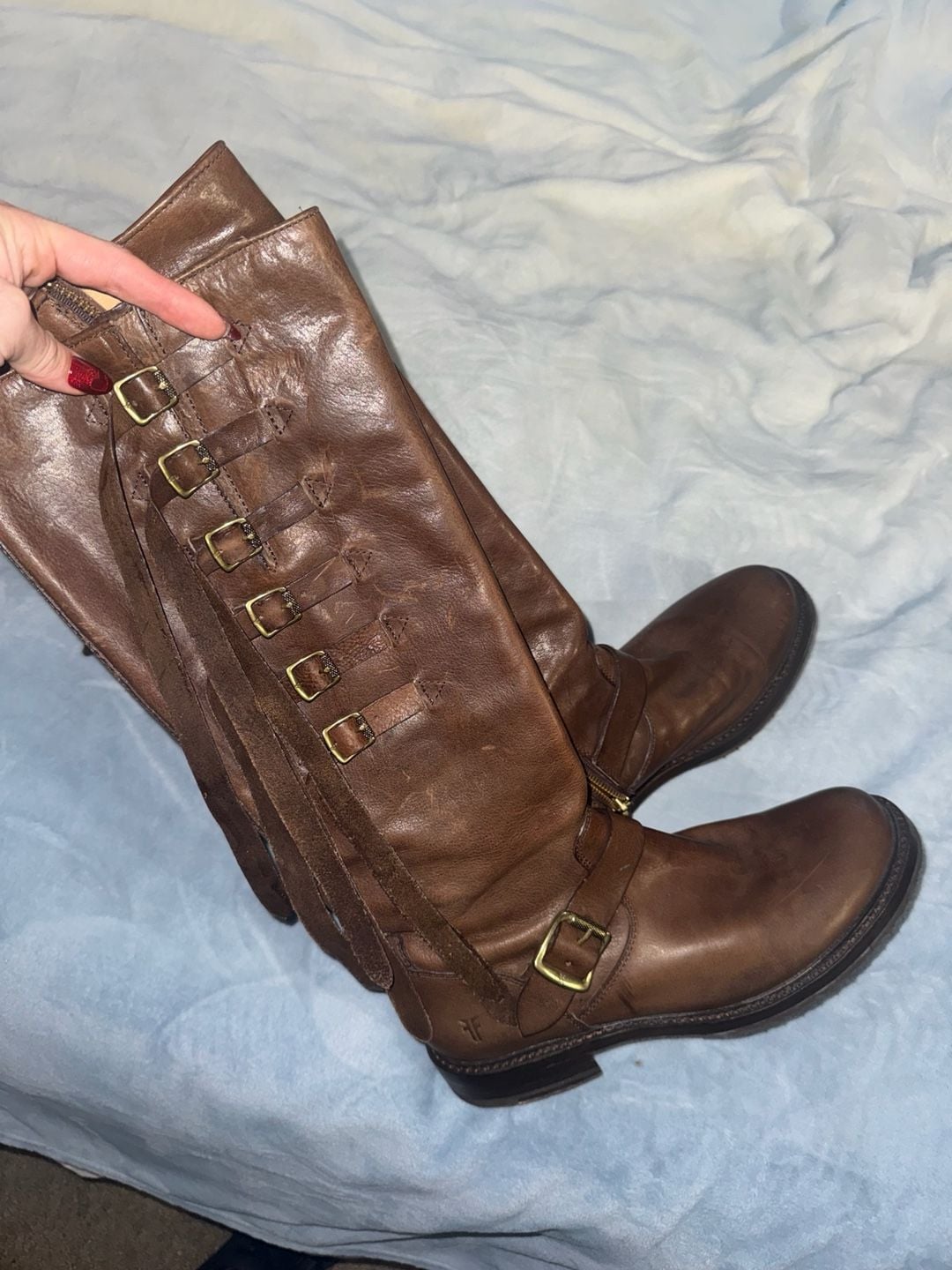 Frye Veronica Strap Tall Chocolate Knee High Boots Cowboy Riding SZ 9.5 l 3