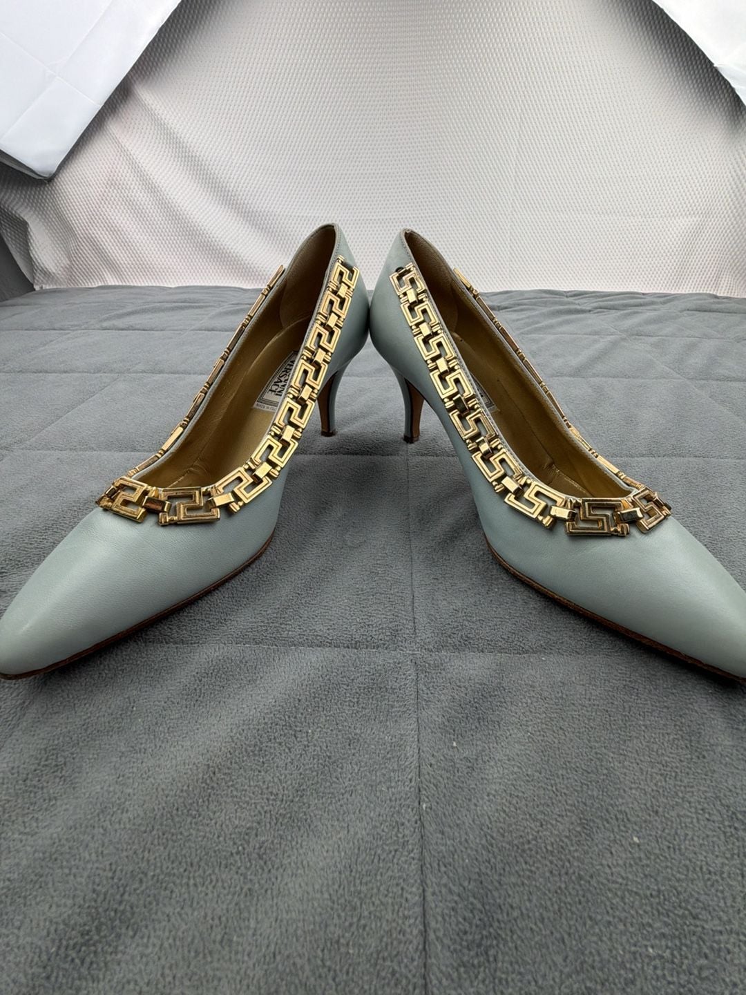 Gianni Versace Leather Gold Greek Key Accent Pumps Light Blue EU 36.5 / US 6 10