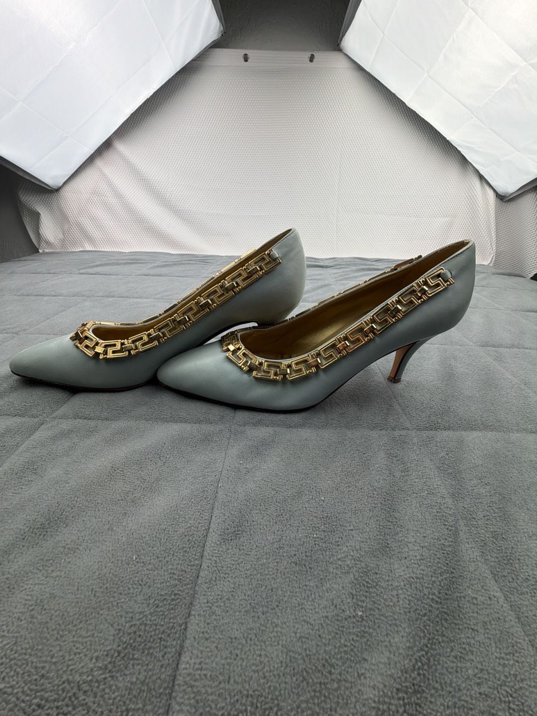 Gianni Versace Leather Gold Greek Key Accent Pumps Light Blue EU 36.5 / US 6 11