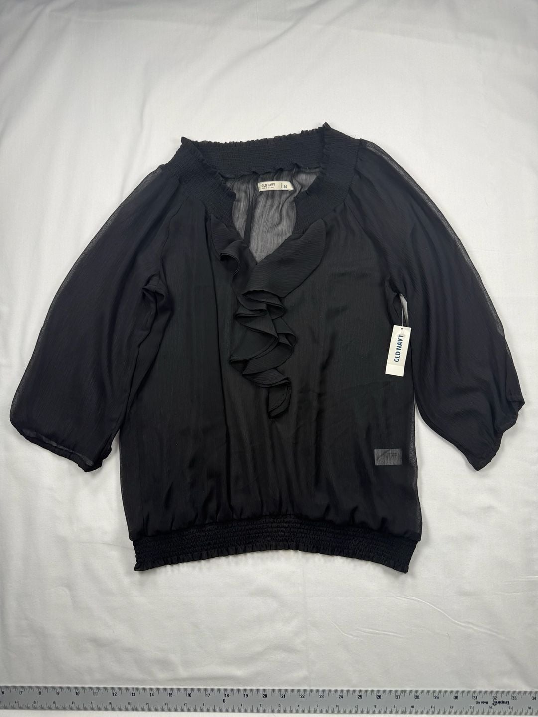 Old Navy Black Ruffle Chiffon Blouse Size M Smocked V-Neck Top 2