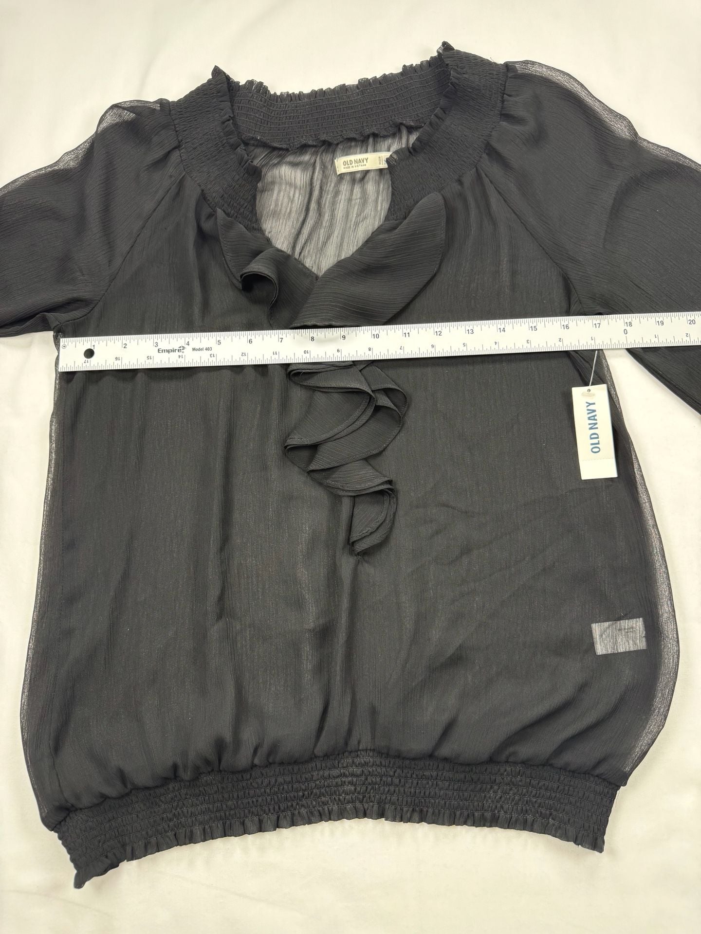 Old Navy Black Ruffle Chiffon Blouse Size M Smocked V-Neck Top 3