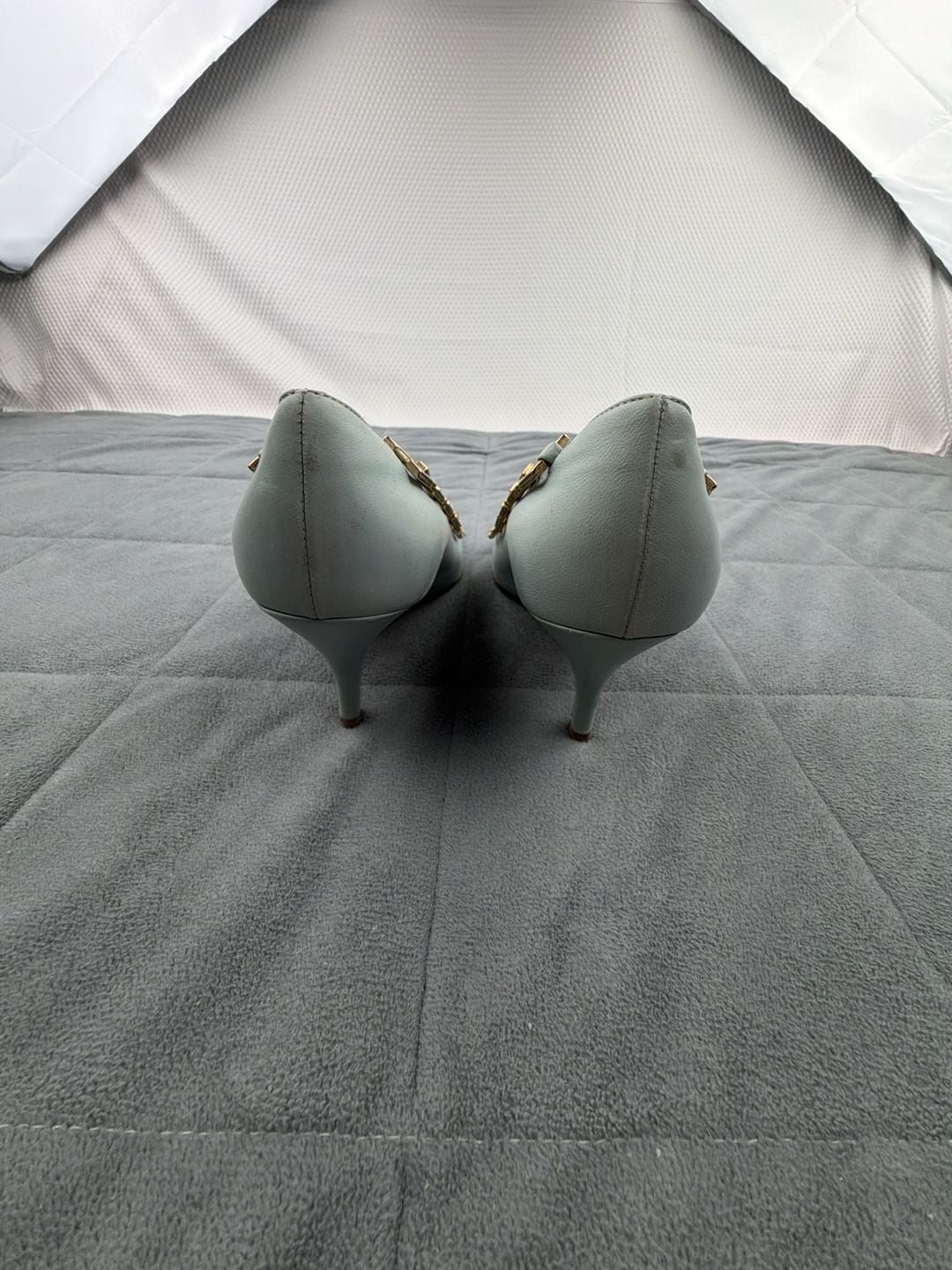 Gianni Versace Leather Gold Greek Key Accent Pumps Light Blue EU 36.5 / US 6 12