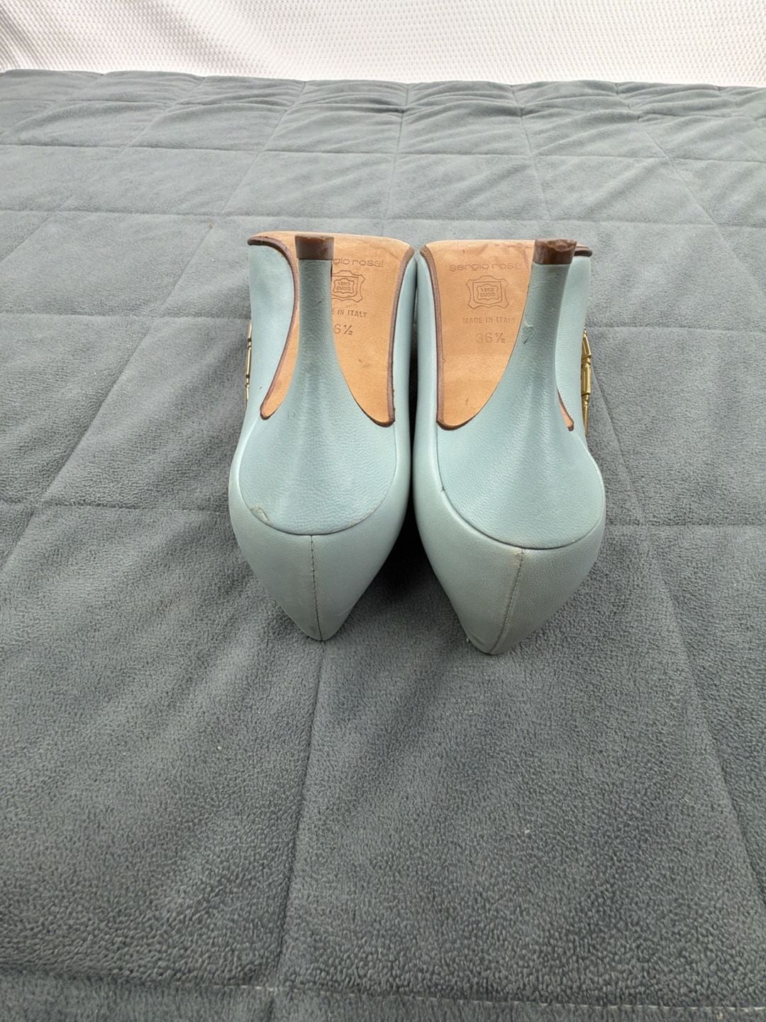Gianni Versace Leather Gold Greek Key Accent Pumps Light Blue EU 36.5 / US 6 13