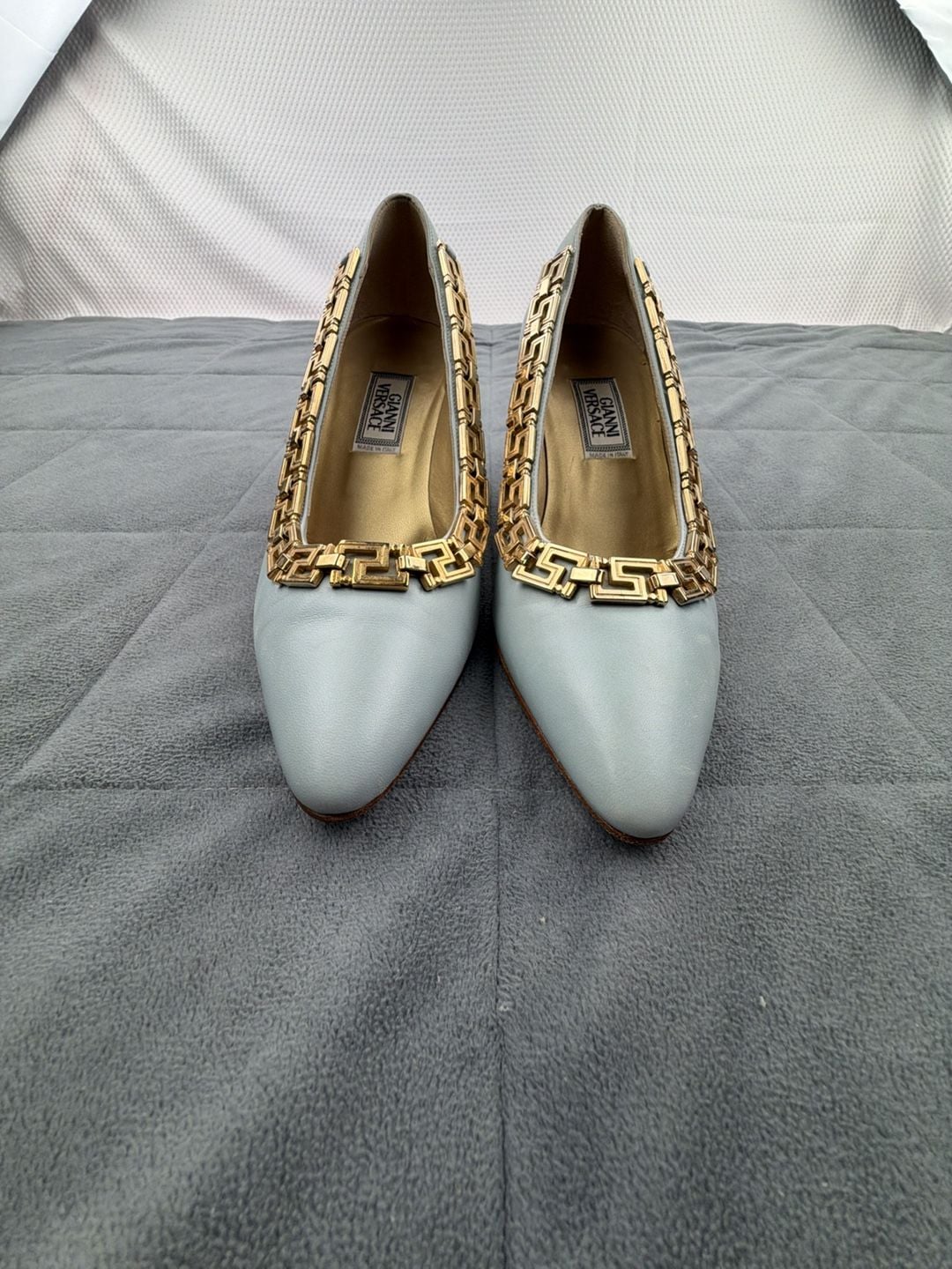 Gianni Versace Leather Gold Greek Key Accent Pumps Light Blue EU 36.5 / US 6 14