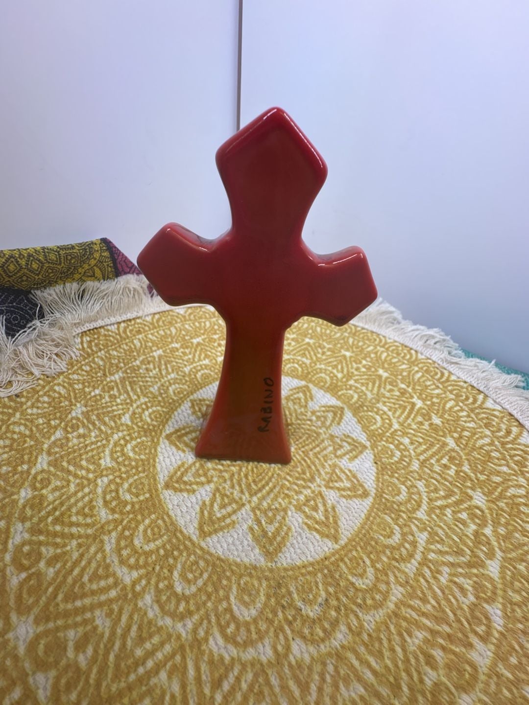 5” Rabino Ceramic Christian Cross Figurine Red Glazed Standing Decor 2