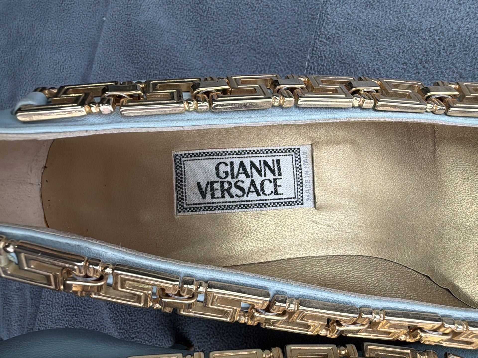 Gianni Versace Leather Gold Greek Key Accent Pumps Light Blue EU 36.5 / US 6 5