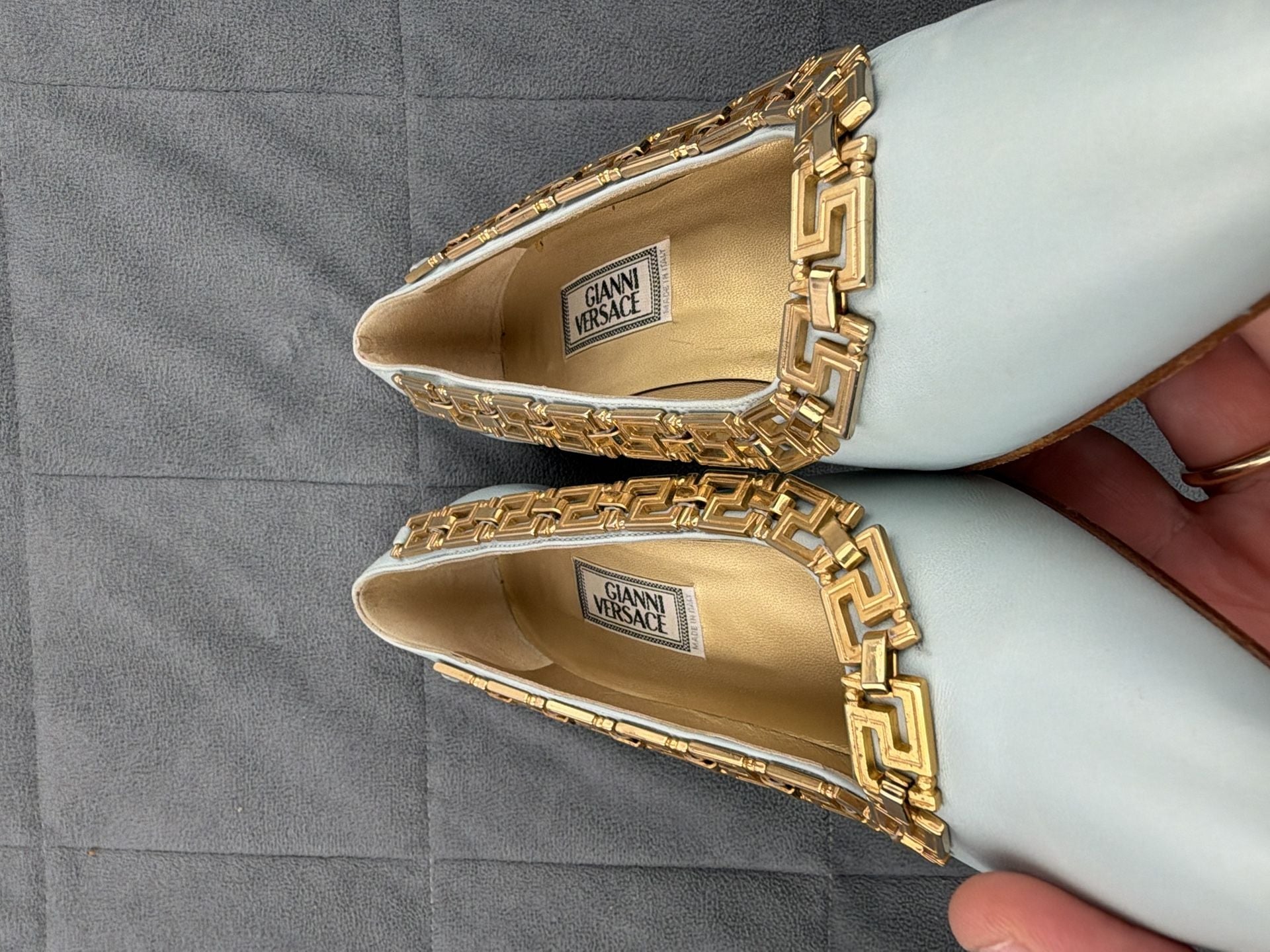 Gianni Versace Leather Gold Greek Key Accent Pumps Light Blue EU 36.5 / US 6 15