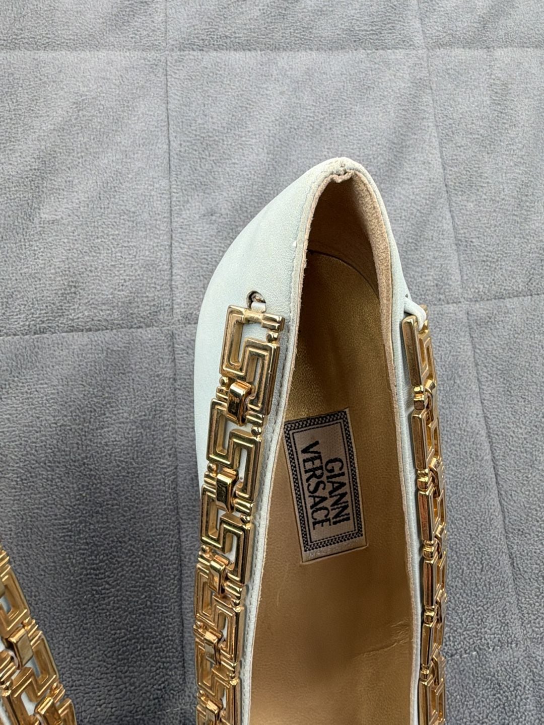 Gianni Versace Leather Gold Greek Key Accent Pumps Light Blue EU 36.5 / US 6 8