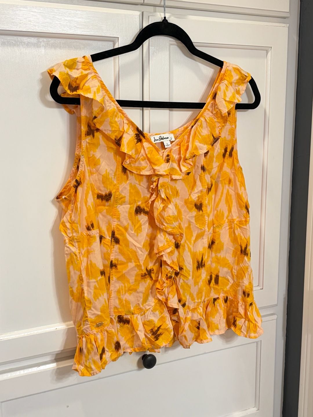 Sam Edelman Floral Ruffle Blouse Large Orange Yellow Modal Boho Sleeveless Top 5