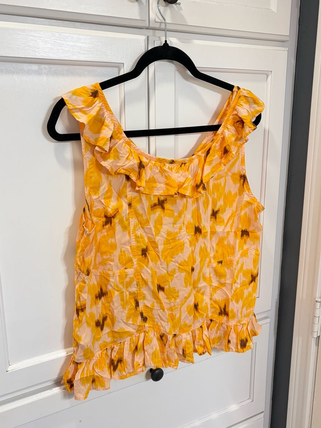 Sam Edelman Floral Ruffle Blouse Large Orange Yellow Modal Boho Sleeveless Top 6