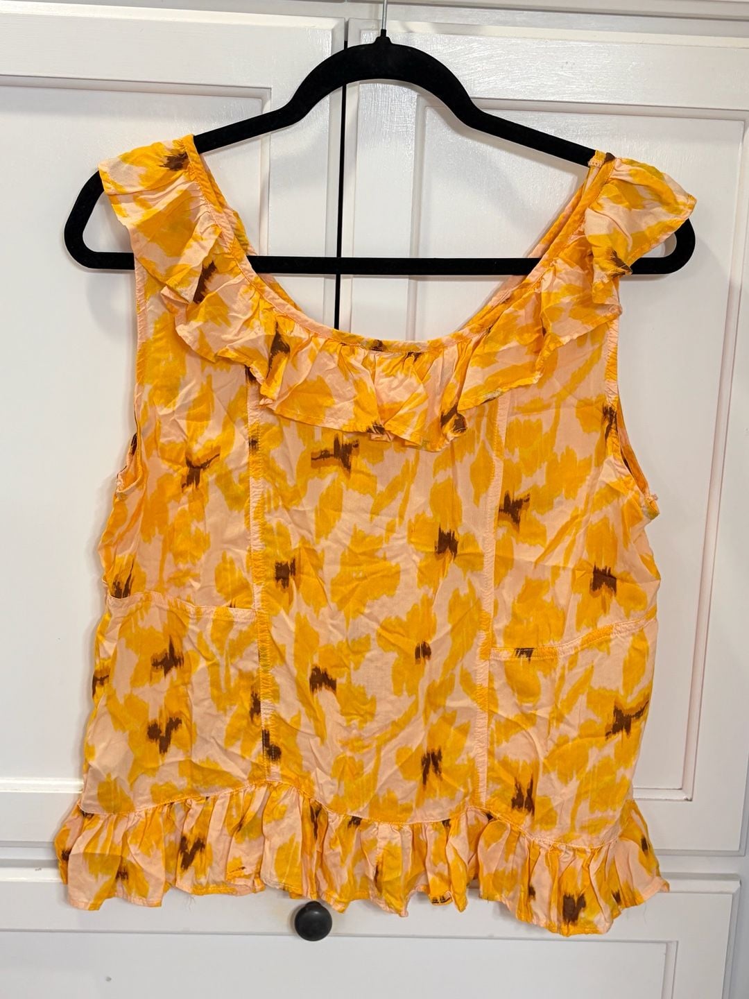 Sam Edelman Floral Ruffle Blouse Large Orange Yellow Modal Boho Sleeveless Top 7