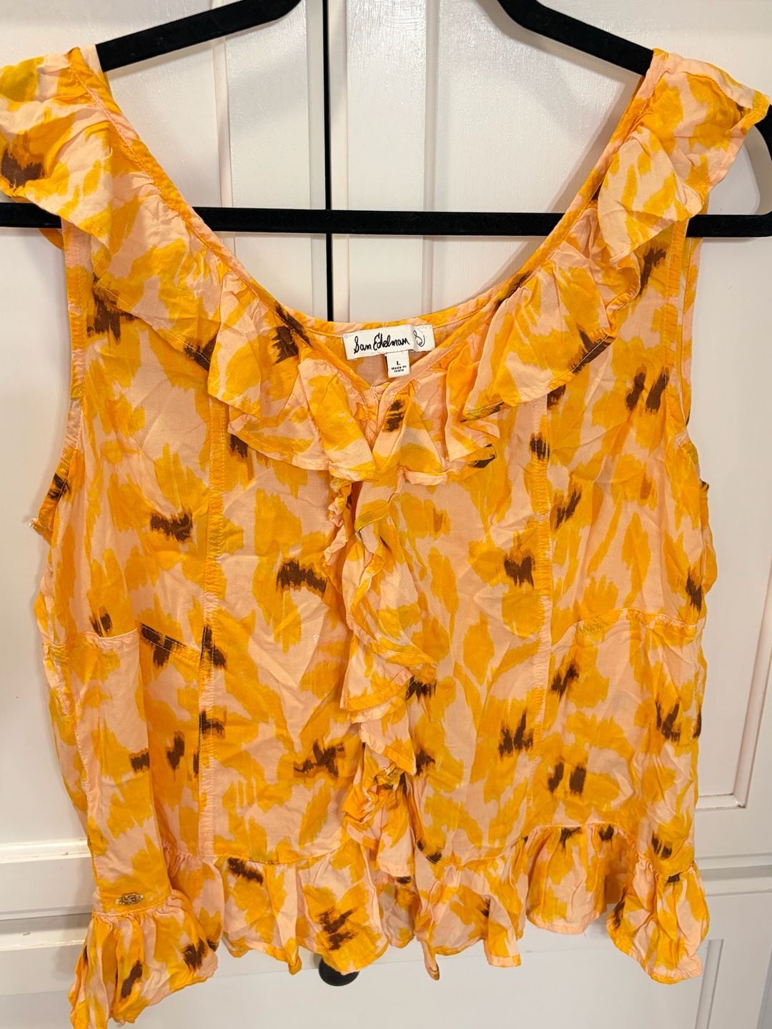 Sam Edelman Floral Ruffle Blouse Large Orange Yellow Modal Boho Sleeveless Top 8