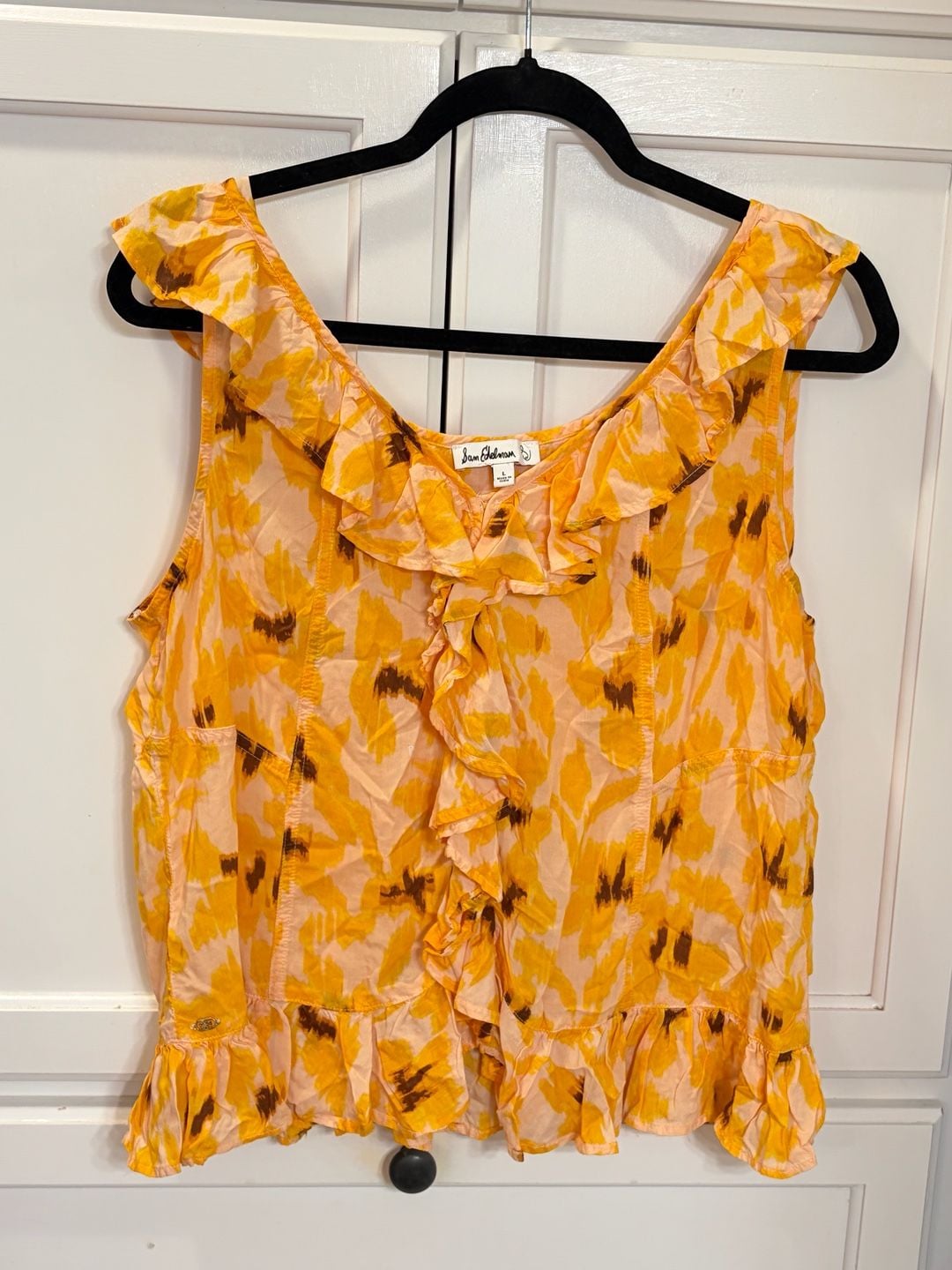 Sam Edelman Floral Ruffle Blouse Large Orange Yellow Modal Boho Sleeveless Top 9