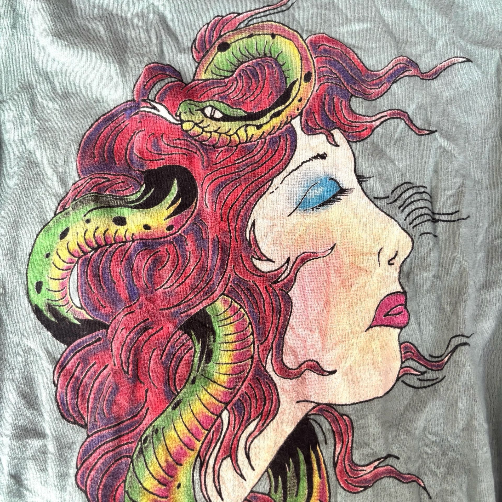 Ed Hardy Medusa Graphic T-Shirt Size M Green Y2K Tattoo Art 5