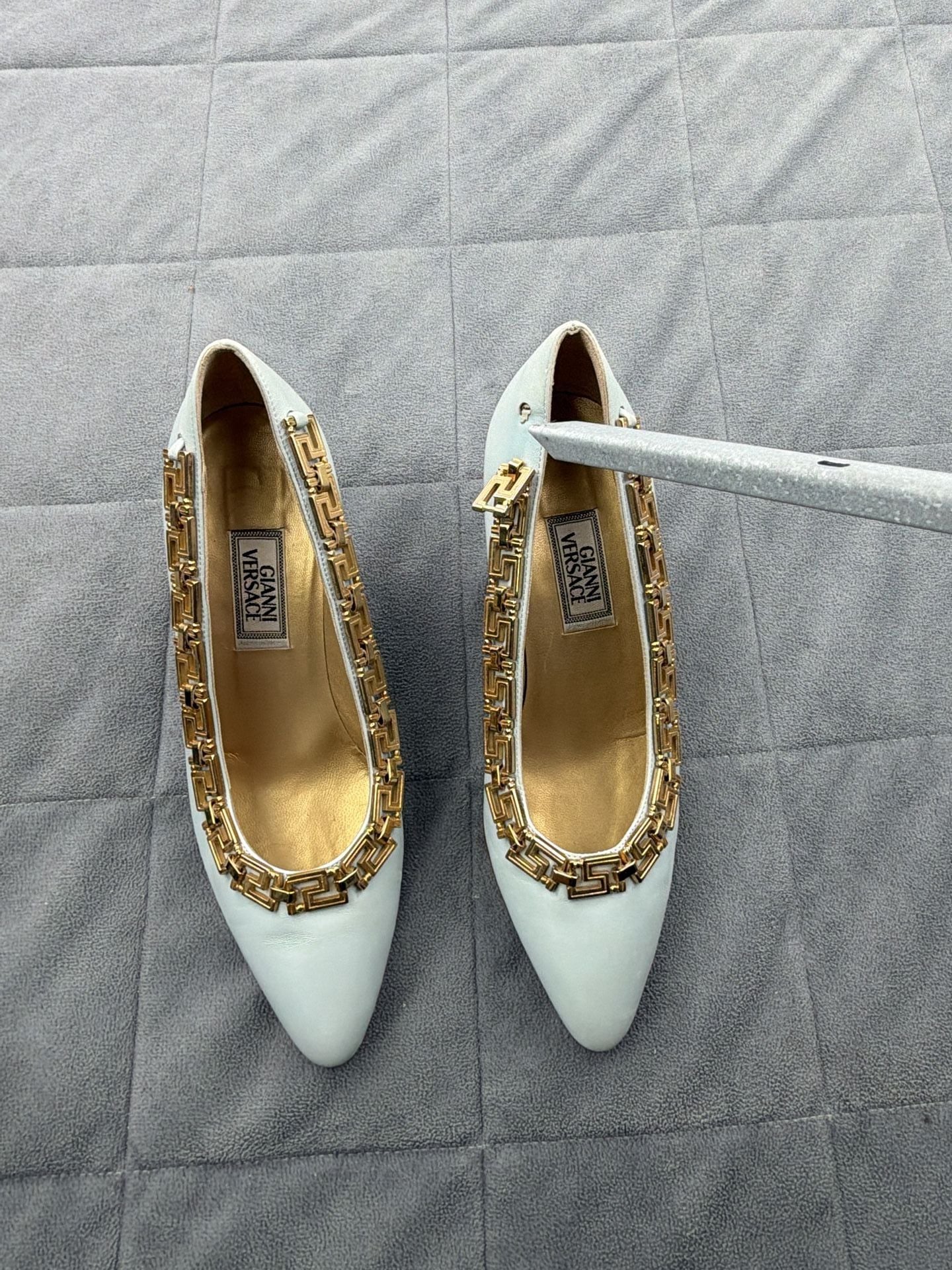 Gianni Versace Leather Gold Greek Key Accent Pumps Light Blue EU 36.5 / US 6 7