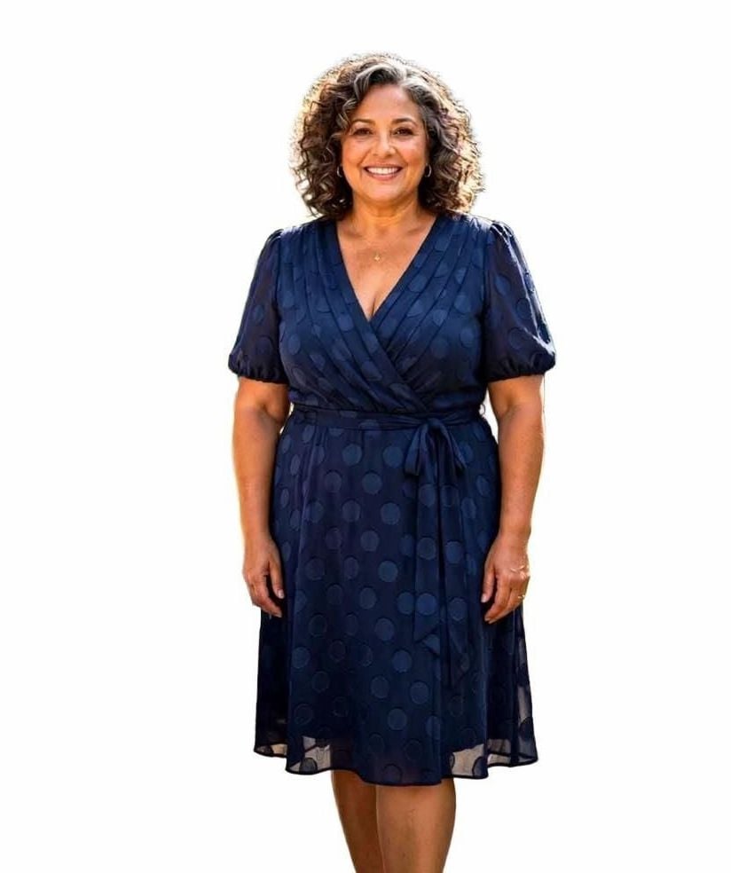 DKNY Women's Midnight Navy Blue Textured Polka Dot Faux-Wrap Short Sleeve Dress 2