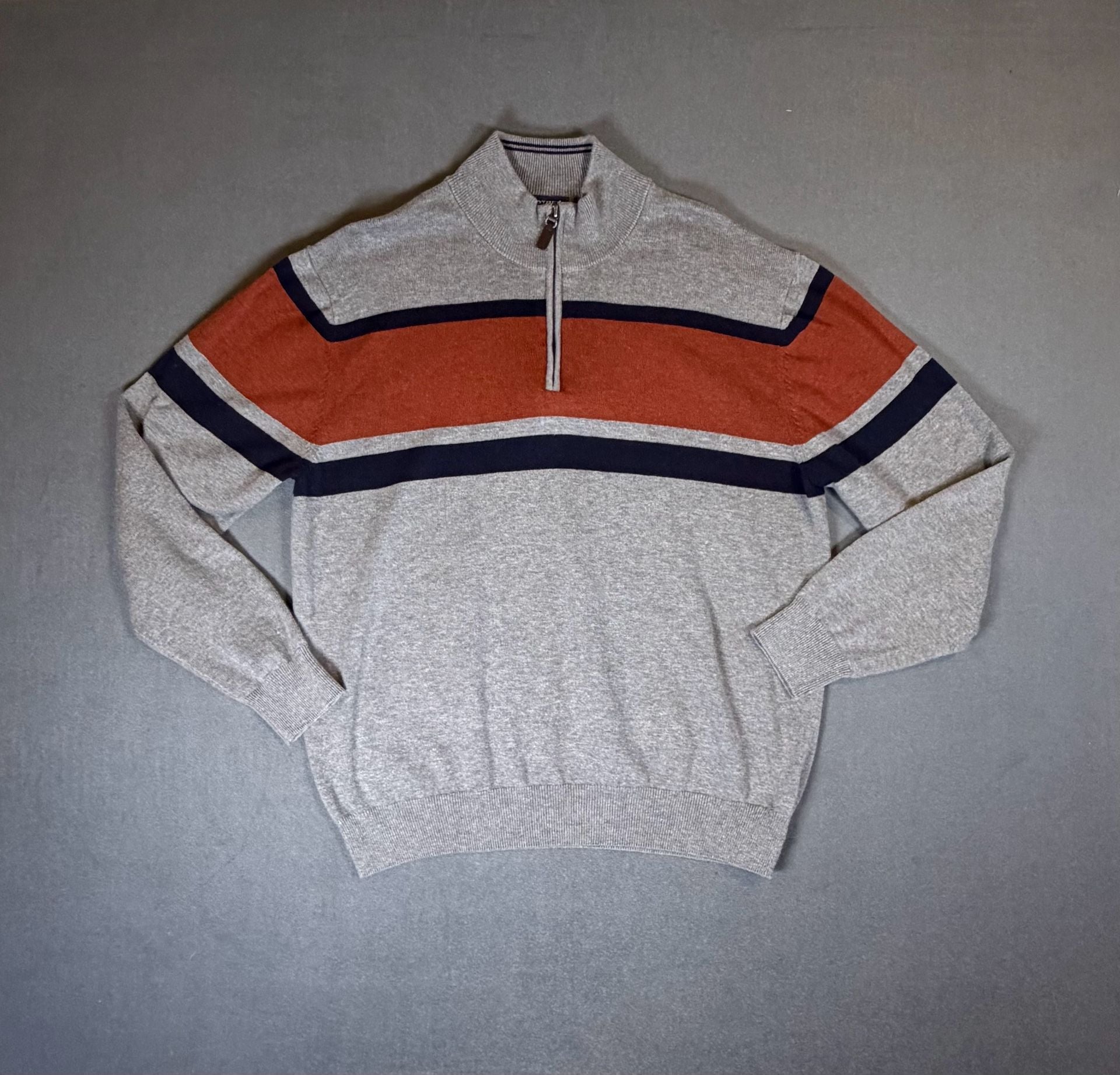 Roundtree & Yorke Quarter Zip Sweater Men’s Striped Gray Orange Navy Men’s M 2