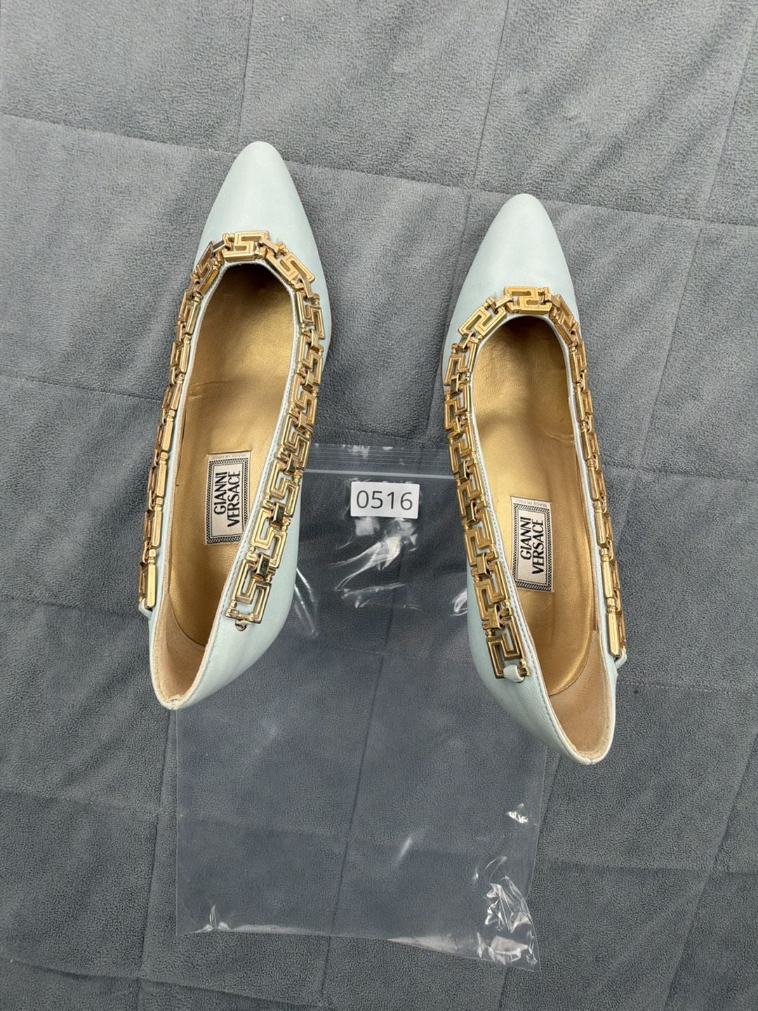 Gianni Versace Leather Gold Greek Key Accent Pumps Light Blue EU 36.5 / US 6 16