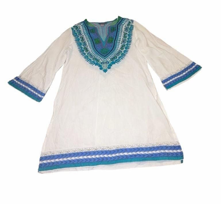 Peppermint Bay Cotton Dashiki Tunic Dress M Blue Green Boho 2