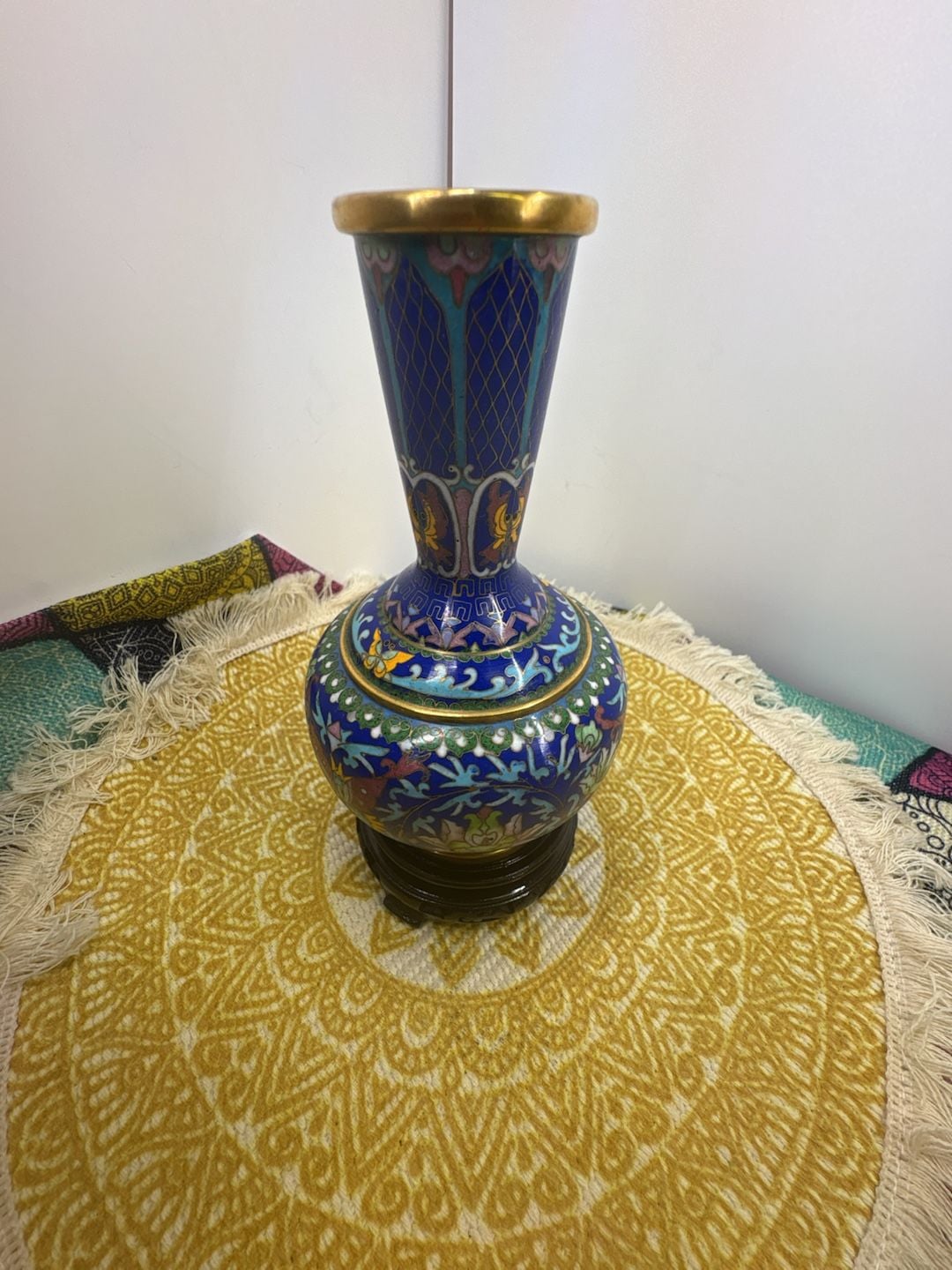 Vintage Chinese Cloisonne Enamel Brass Vase Flower Butterfly With Stand 2