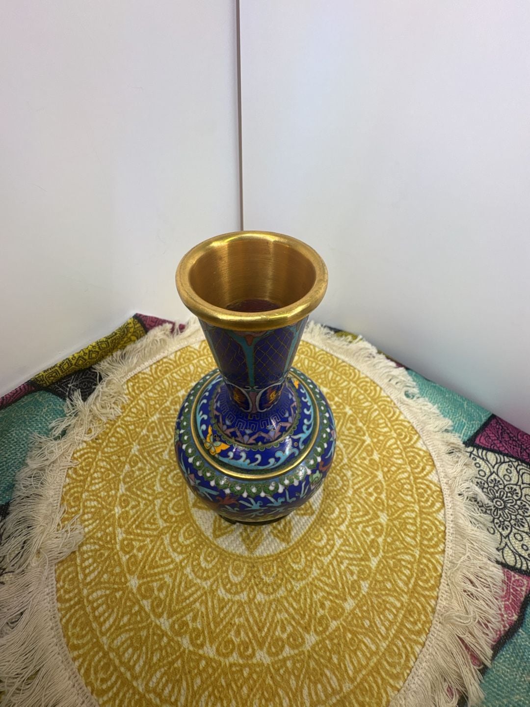 Vintage Chinese Cloisonne Enamel Brass Vase Flower Butterfly With Stand 3