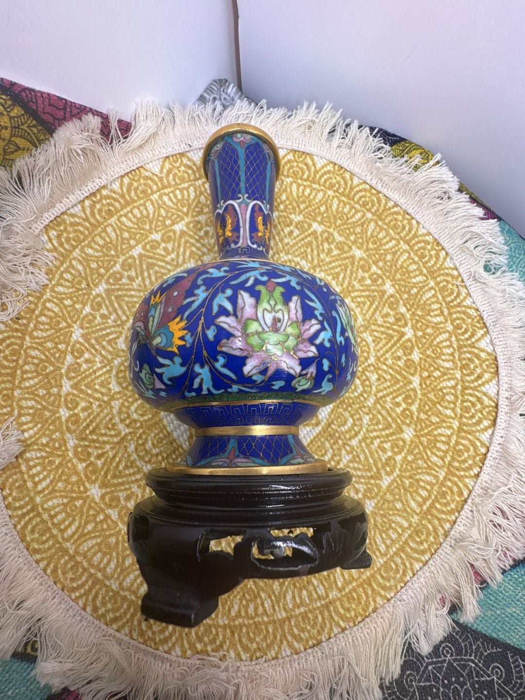 Vintage Chinese Cloisonne Enamel Brass Vase Flower Butterfly With Stand 5