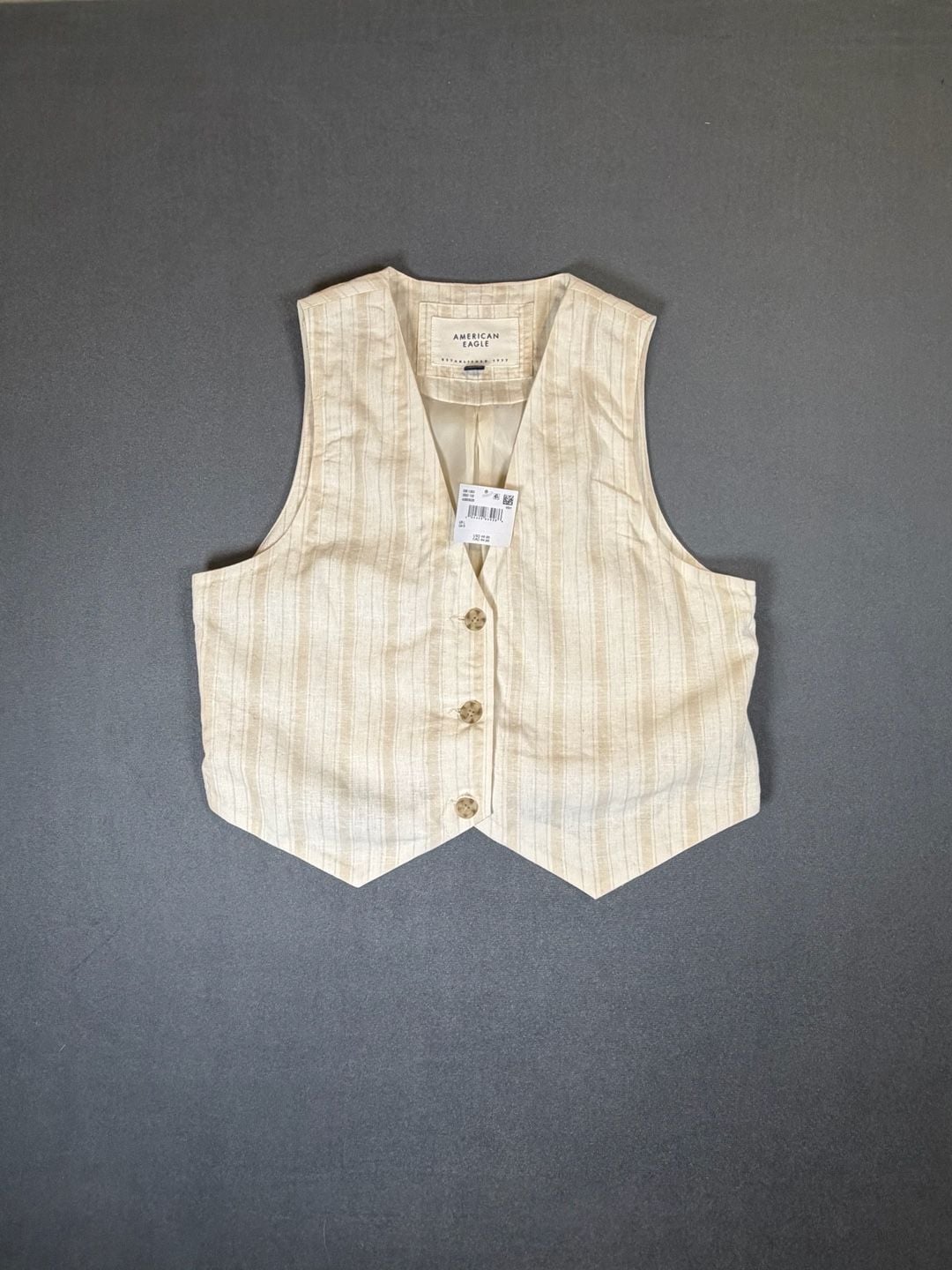 American Eagle NWT Linen Blend Striped Vest Large Beige Cream Coastal Preppy 2