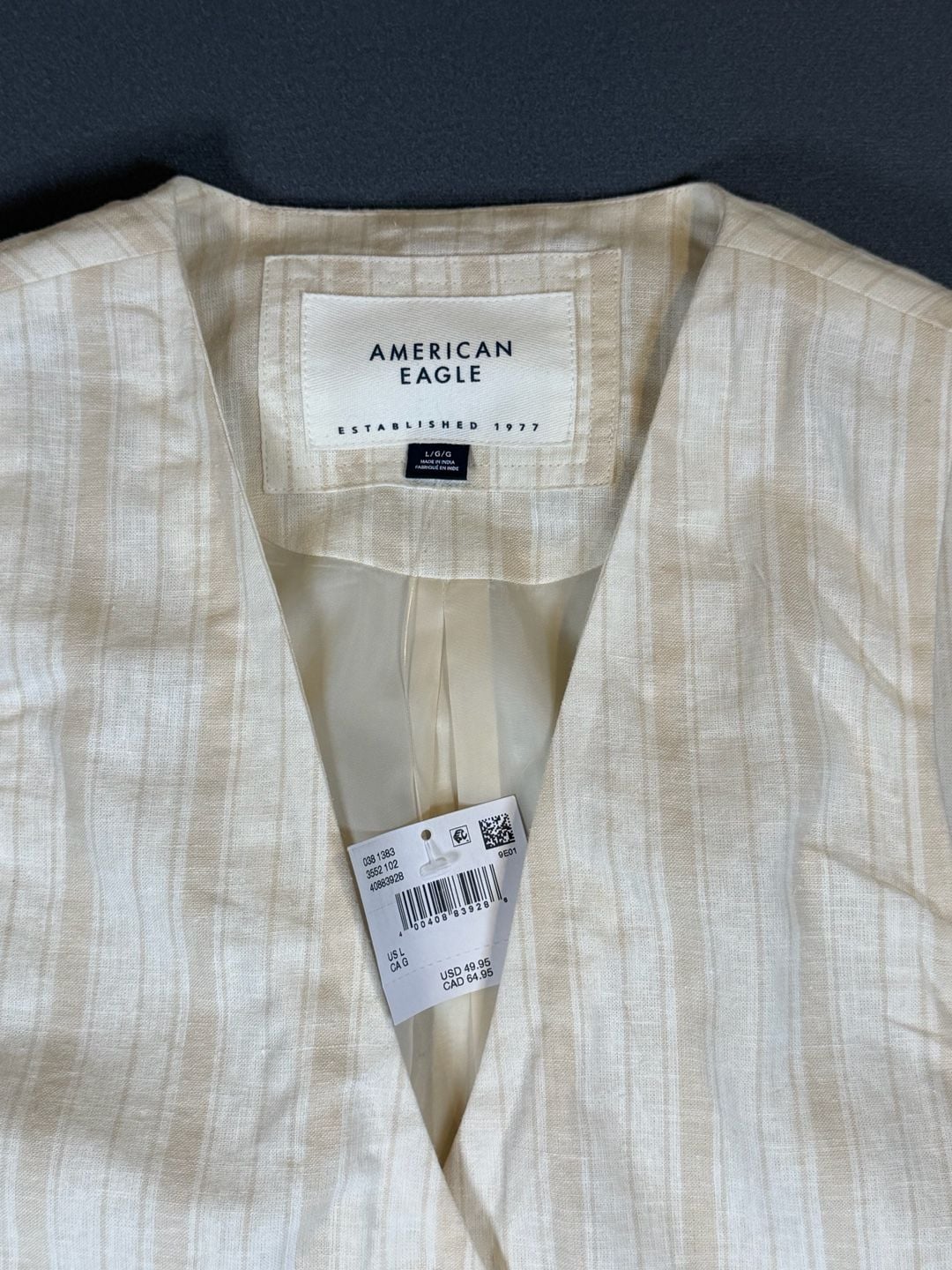 American Eagle NWT Linen Blend Striped Vest Large Beige Cream Coastal Preppy 3