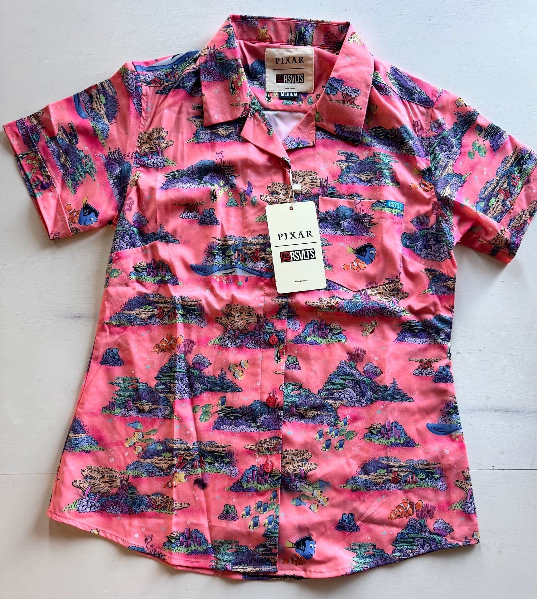 Pixar RSVLTS Finding Nemo Button-Down Shirt Size Medium Pink women’s Cut NWT 1