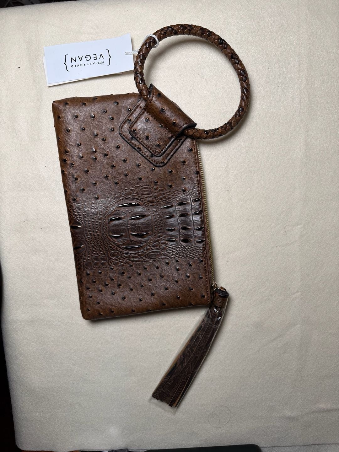 Virago Collection Brown Ostrich And Croc Embossed Vegan Wristlet Clutch 2