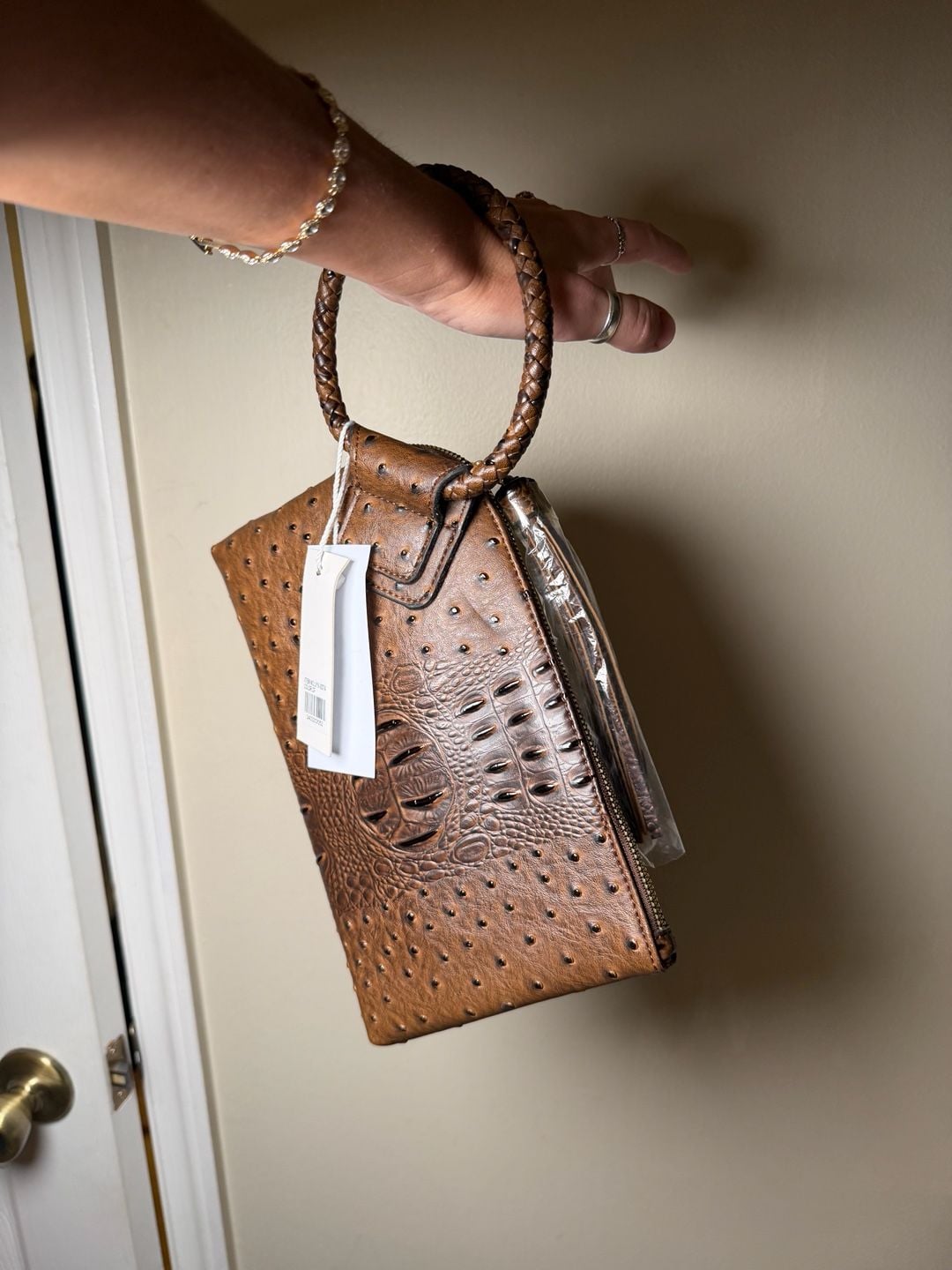 Virago Collection Brown Ostrich And Croc Embossed Vegan Wristlet Clutch 5