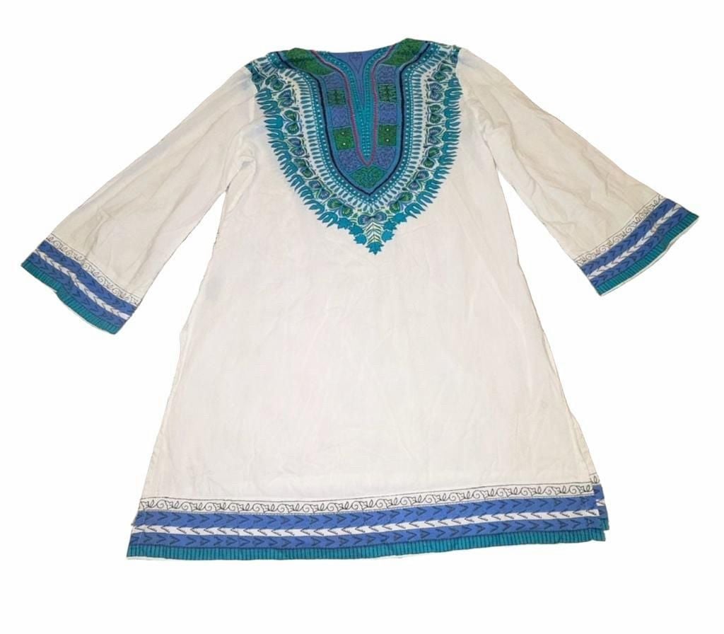 Peppermint Bay Cotton Dashiki Tunic Dress M Blue Green Boho 7
