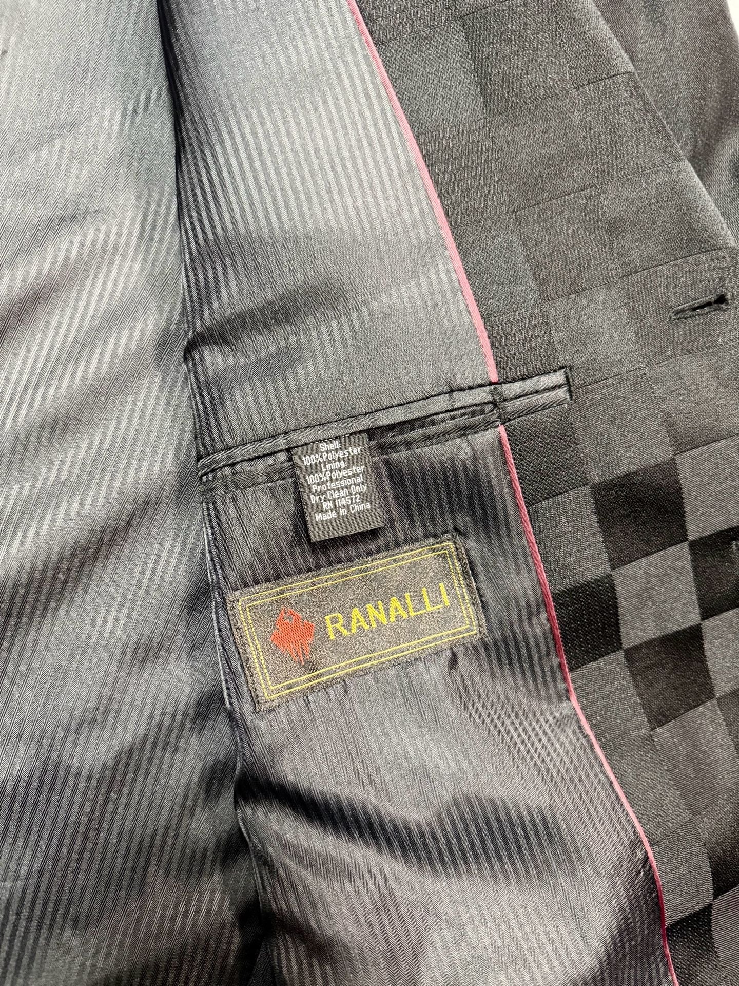 Ranalli Men's Blazer Size 52R Avant-Garde Dark Academia Formal Eveningwear Tonal Checkerboard Jacquard Black Peak Lapel Four Button Tuxedo Style Sport Coat 7