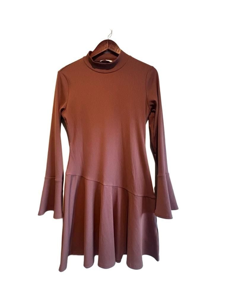 Wenrine Mock Neck Long Sleeve Ruffle Dress Size M Brown 2