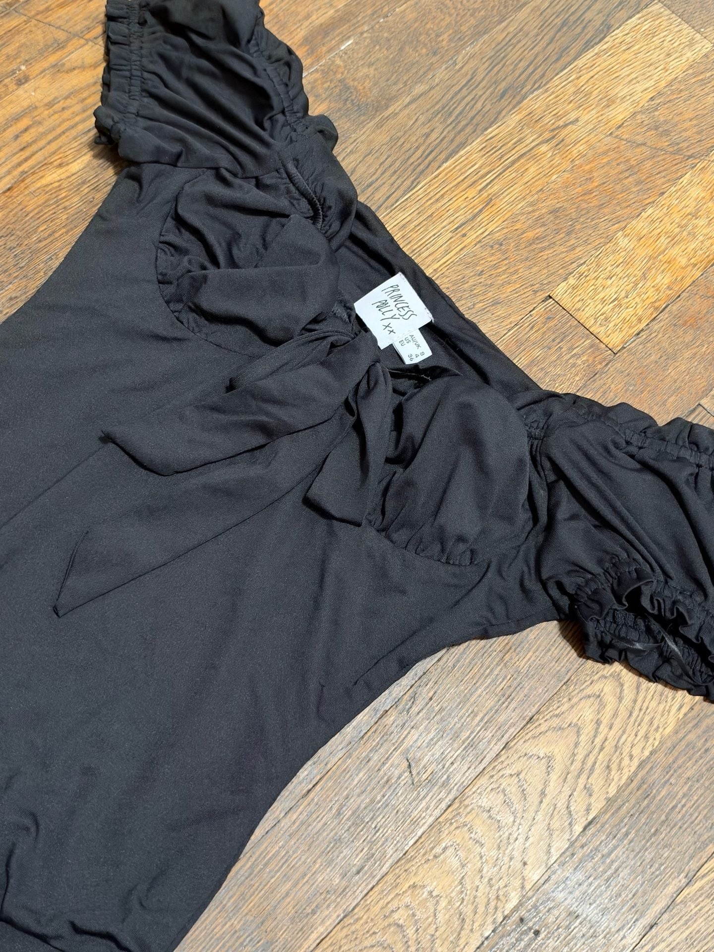 Princess Polly Black Chataway Bodysuit Size US 4 Off Shoulder Ruffle Puff 4