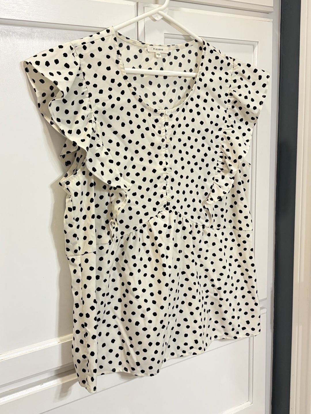 Pleione Black White Polka Dot Ruffle Blouse Small Parisian Coquette Timeless 2