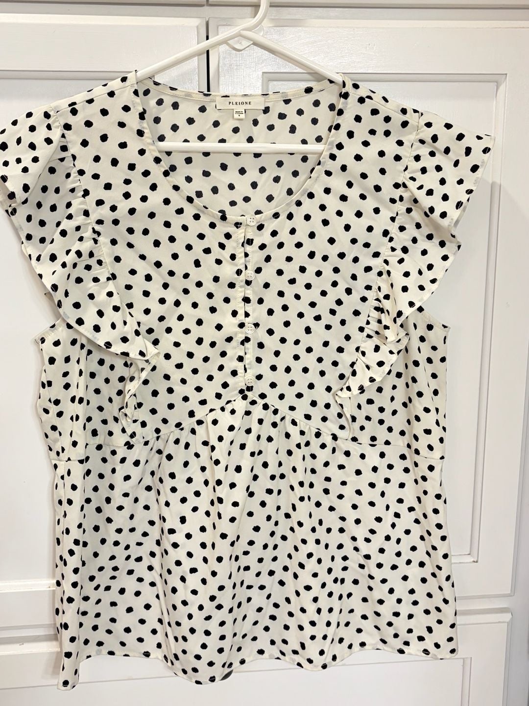 Pleione Black White Polka Dot Ruffle Blouse Small Parisian Coquette Timeless 3
