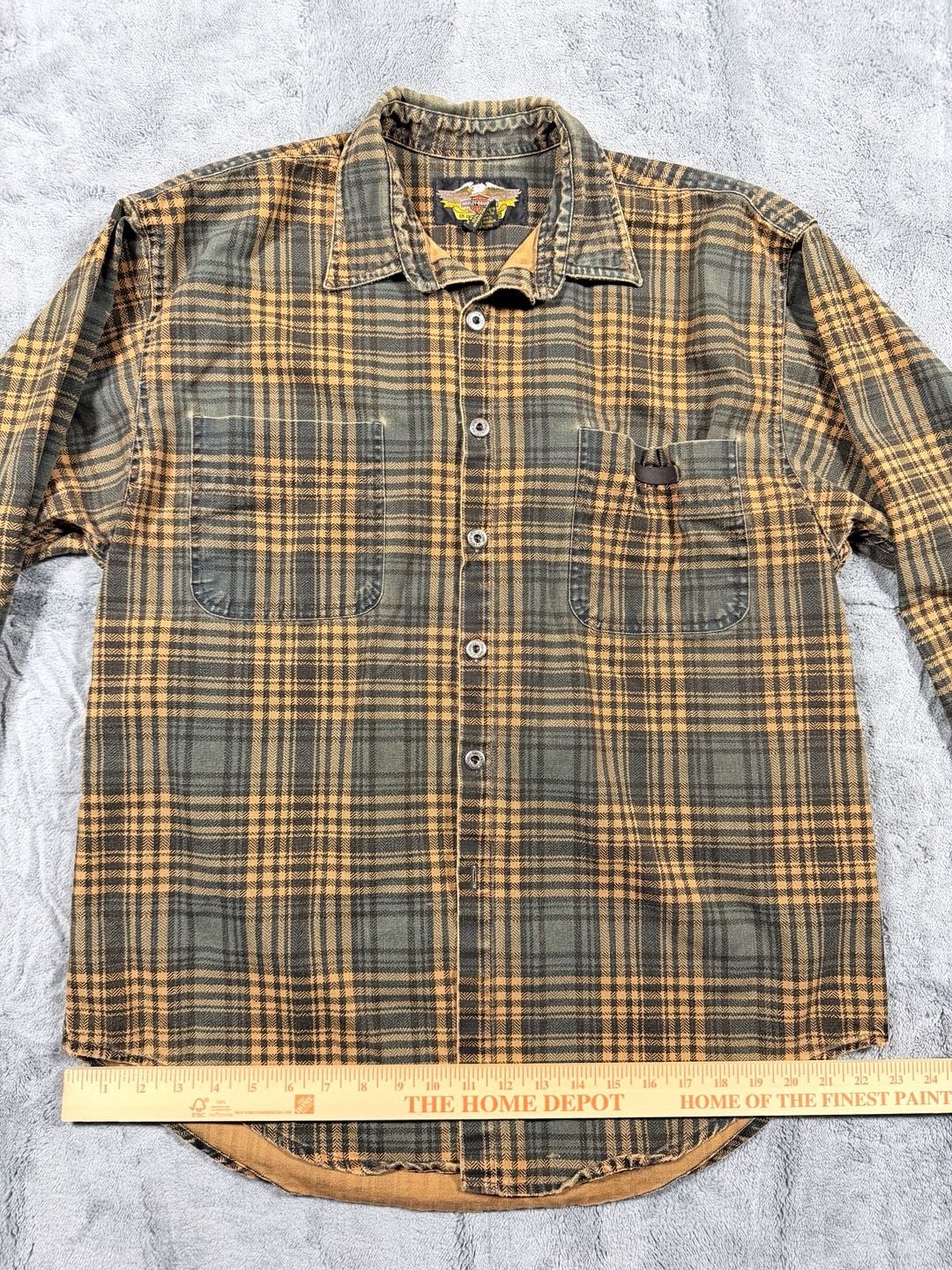 Harley Davidson Plaid Flannel Button Down Shirt Size Large Green Brown 6