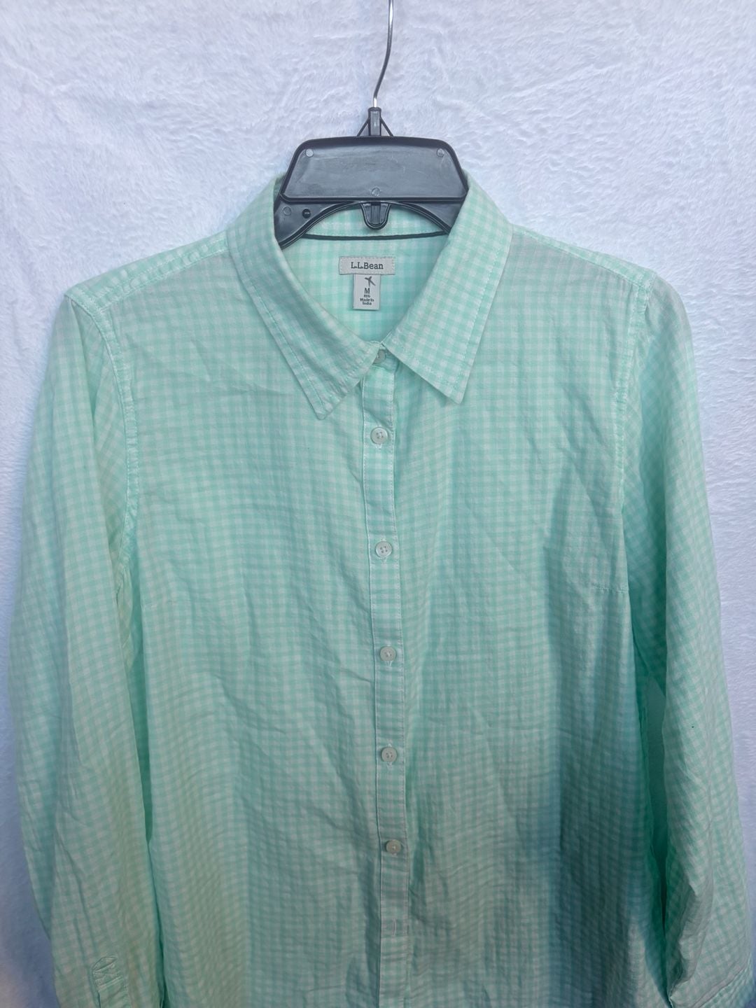 LL Bean Button Up Shirt Size M Reg Green White Gingham Long Sleeve 2