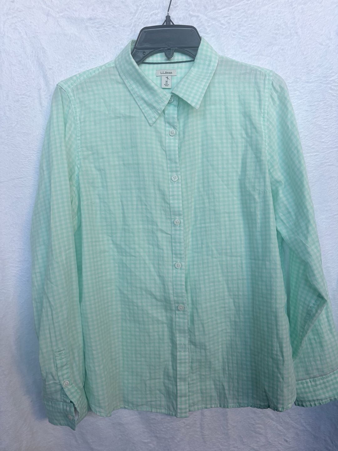 LL Bean Button Up Shirt Size M Reg Green White Gingham Long Sleeve 3