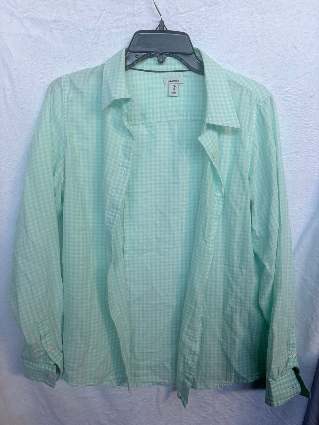 LL Bean Button Up Shirt Size M Reg Green White Gingham Long Sleeve 4