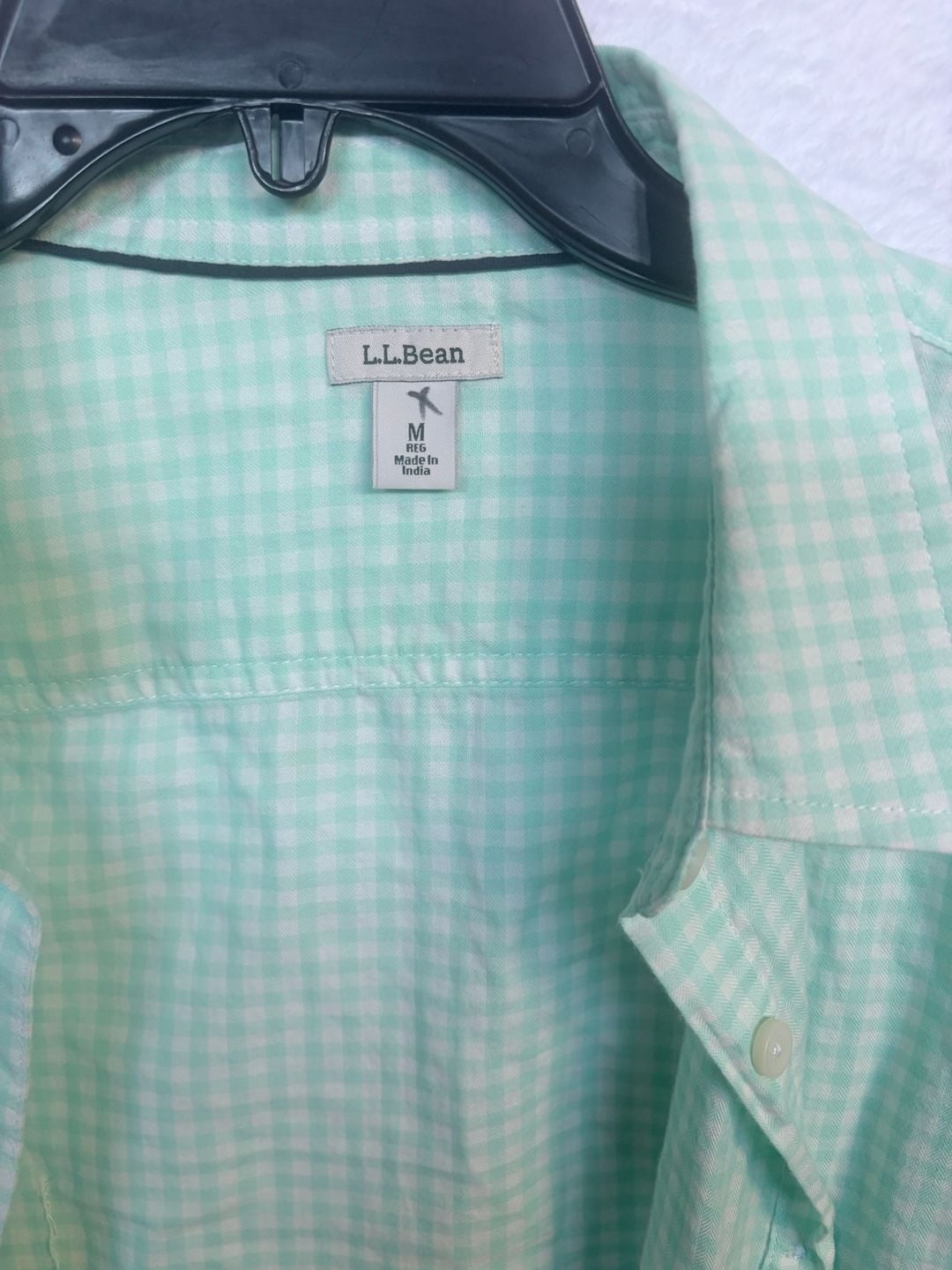 LL Bean Button Up Shirt Size M Reg Green White Gingham Long Sleeve 5