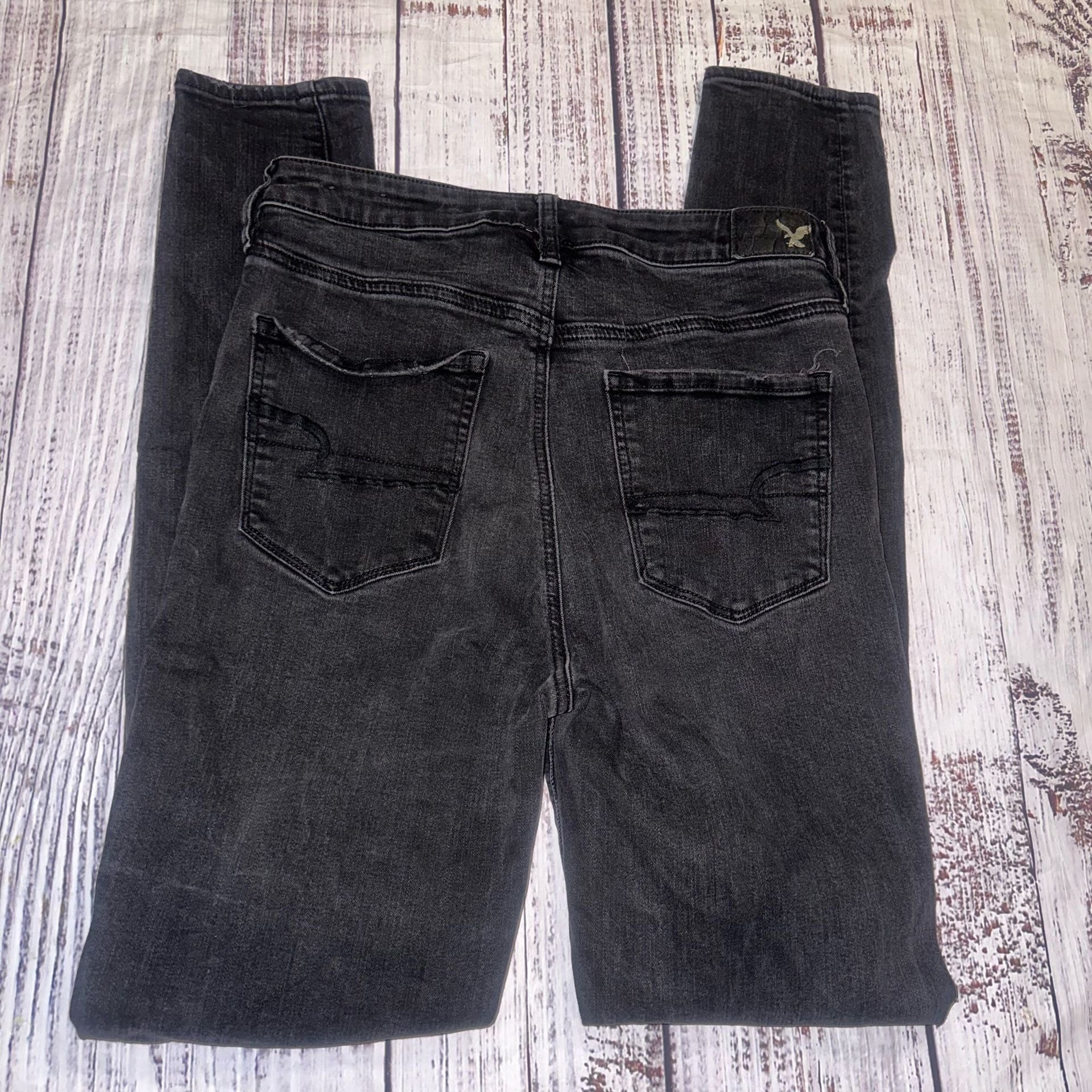 Retro American Eagle Jeans Size 10 Long Black Distressed Skinny 9
