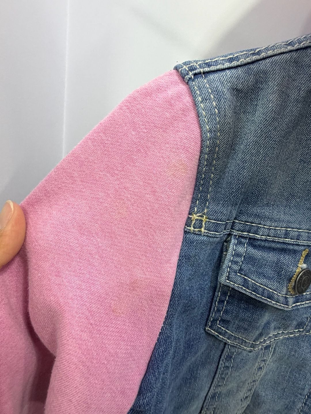 Vigoss Denim Jacket With Pink Sleeves And Hood Size 10/12 Cat Embroidered 4