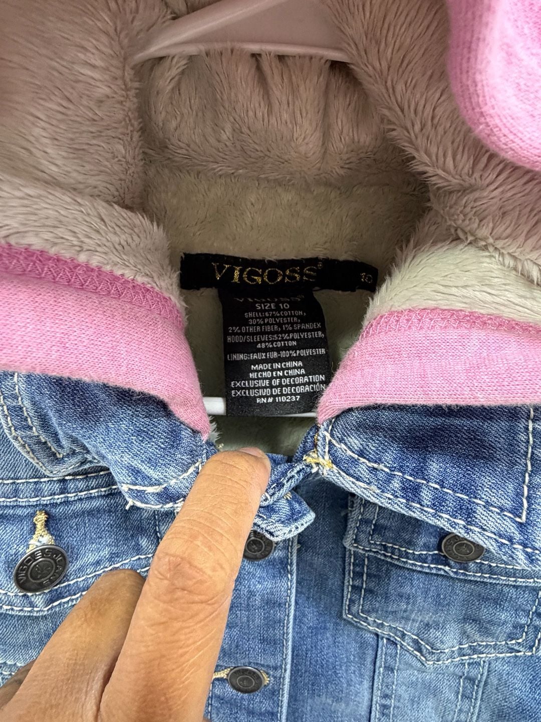 Vigoss Denim Jacket With Pink Sleeves And Hood Size 10/12 Cat Embroidered 8