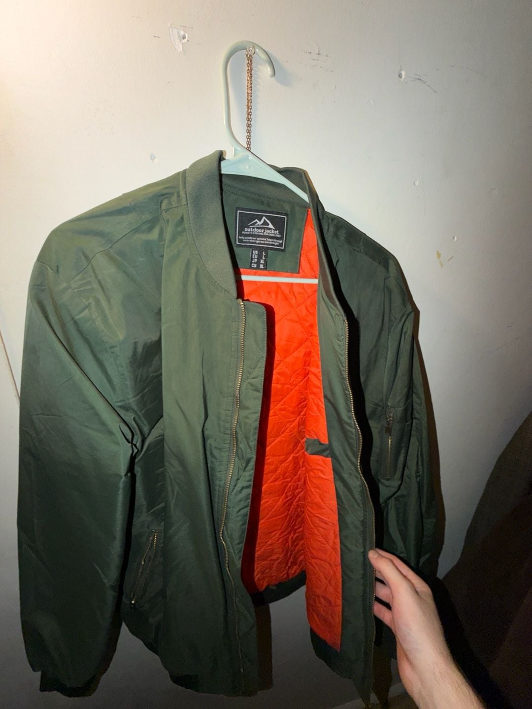 Outdoor Jacket Bomber Jacket Size L Green Quilted Orange Lining 1