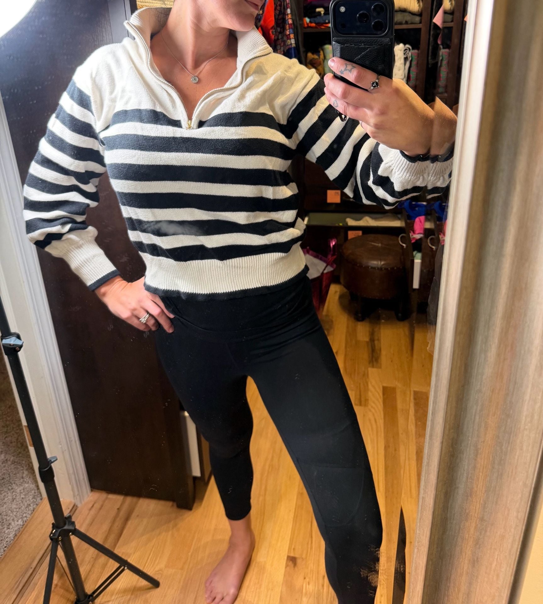 J.Crew Half-Zip Sweater Size M Striped Black White Mock Neck 7