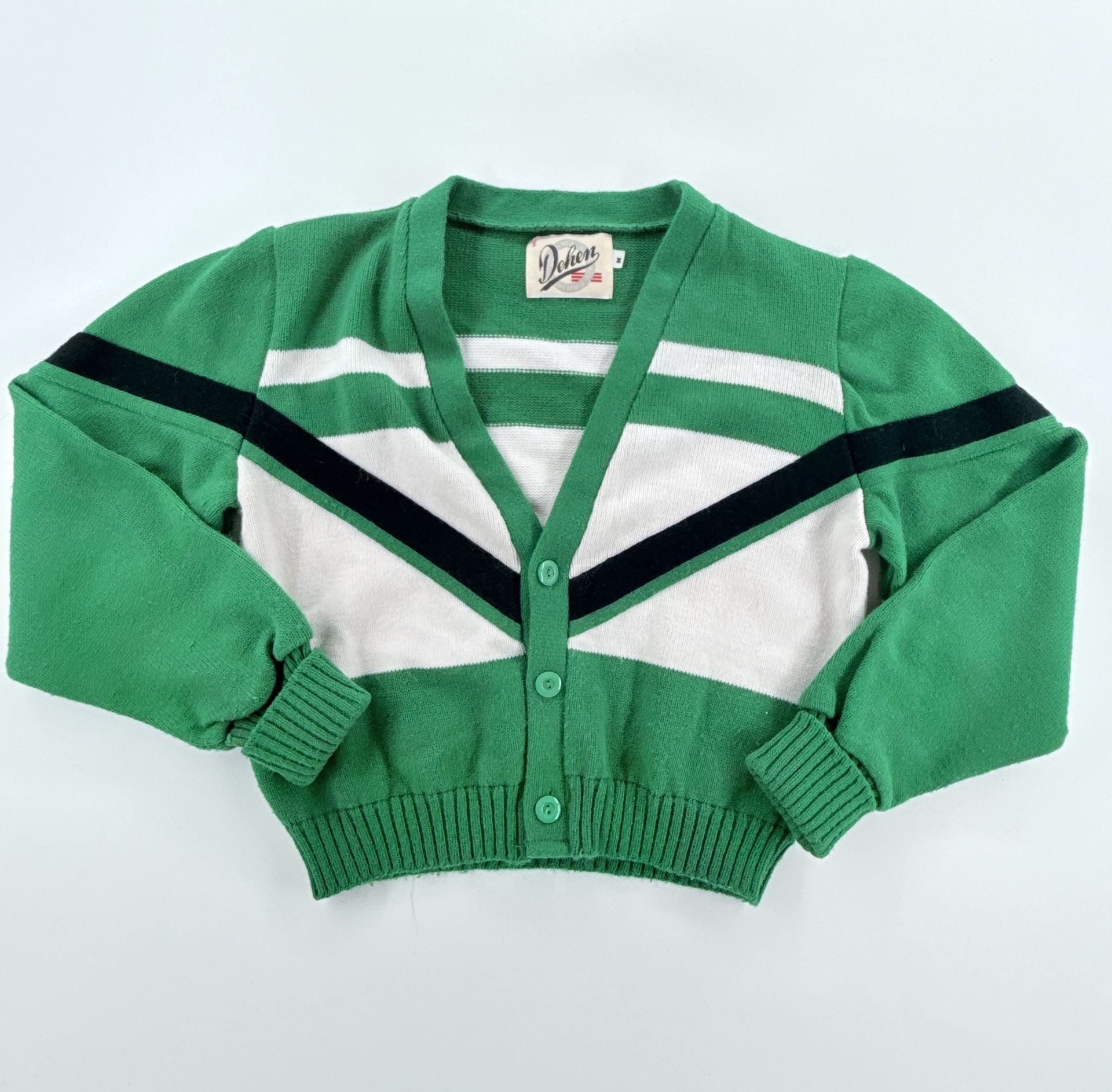 Vintage Dehen USA Varsity Cardigan M Green Chevron Stripe Sweater 3