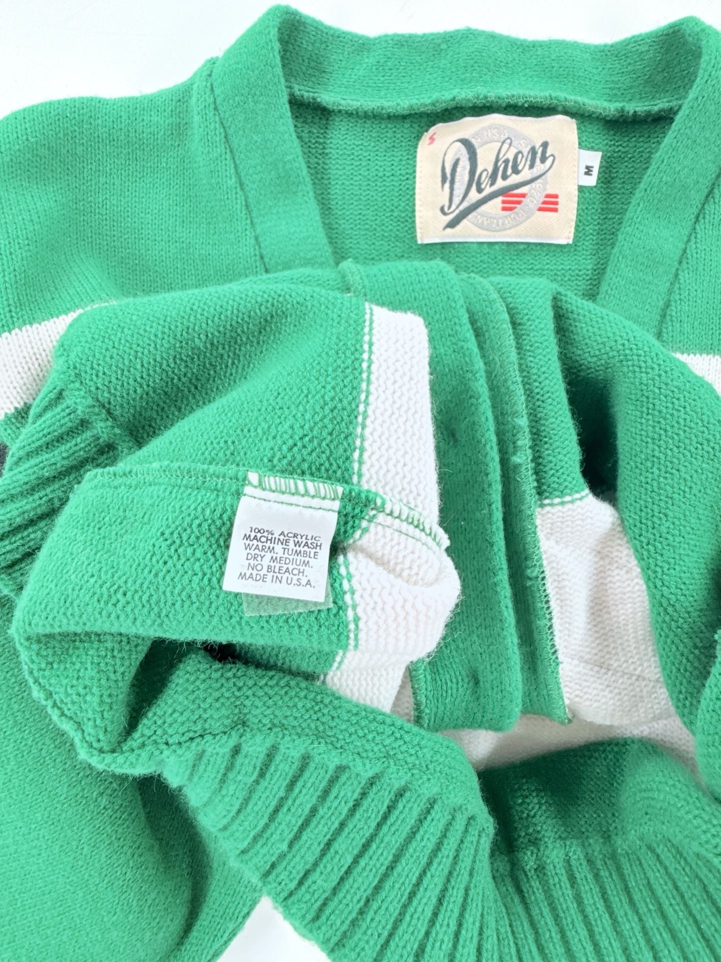 Vintage Dehen USA Varsity Cardigan M Green Chevron Stripe Sweater 7
